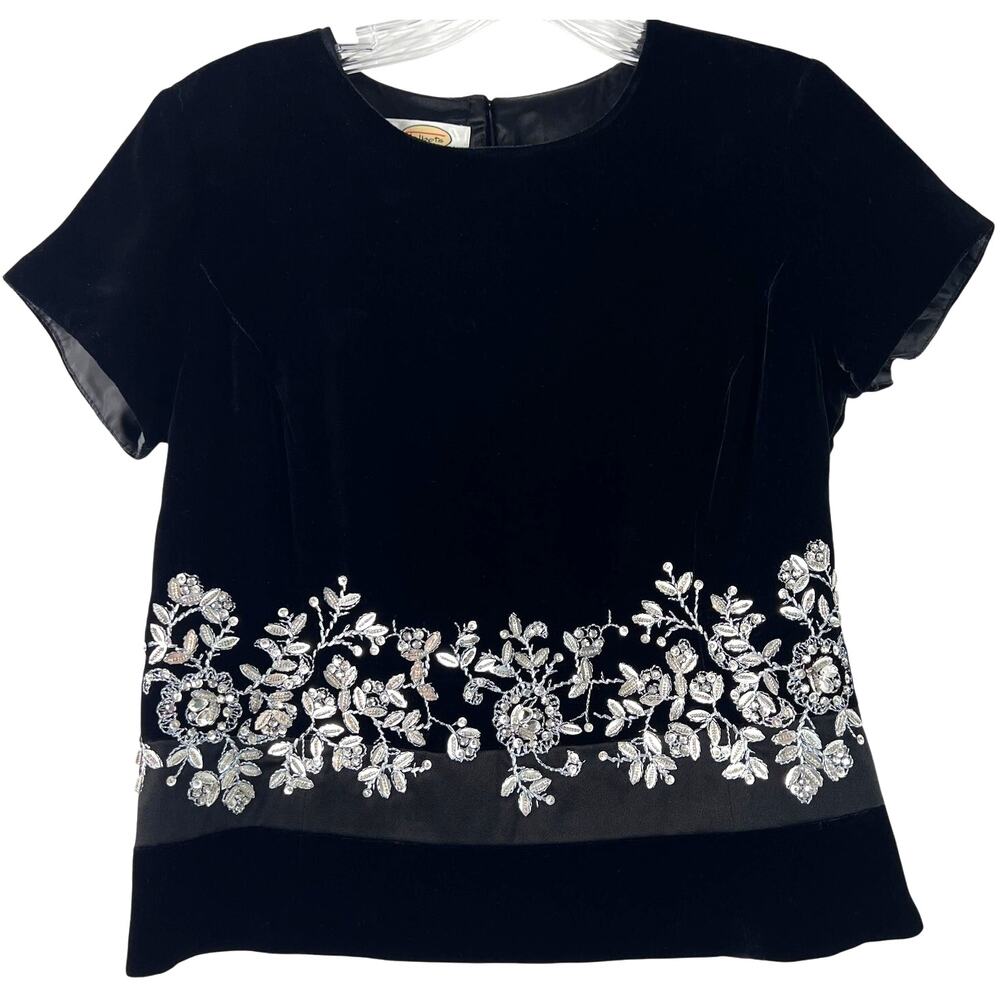 Talbots Petites Vintage Women's Blouse Embellished Black Velvet Formal Size 4
